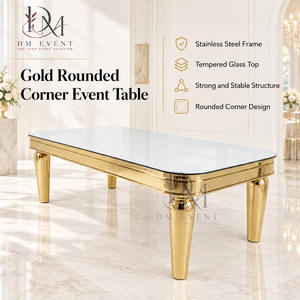 Table de réception rectangulaire moderne en verre miroir doré en acier inoxydable avec coins arrondis et pieds coniques pour la vente en gros - Product Image 2