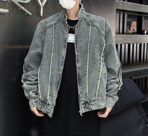 Blouson en jean pour <span class=keywords><strong>homme</strong></span>, hiver, style vintage américain, déstructuré, à franges effilochées, délavé, zippé, style urbain, vente en gros, logo personnalisé, haute qualité - Product Image 3