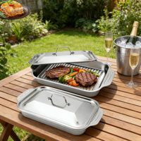 Plaque de cuisson rectangulaire en acier inoxydable avec couvercle, plat à poisson grillé domestique, ustensile de cuisine