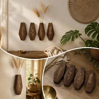 Pot Tanaman Dinding Kayu Ukiran Daun Bernuansa Walnut, Dekorasi Dinding Minimalis Boho Vas Dinding Multi Pola untuk Pajangan Bunga Kering di Dalam Ruangan