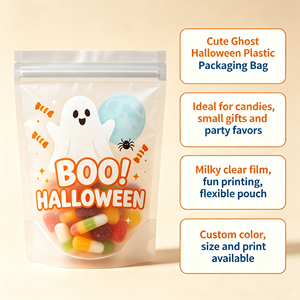 ถุงซิปล็อคพิมพ์ลายผีฮาโลวีน BOO แบบตั้งได้ วัสดุพลาสติกใสเกรดอาหารสำหรับบรรจุขนมและของว่าง - Product Image 1
