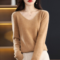 Suéter de Punto sin Costuras 100% Lana Pura para Mujer, Primavera 2026, Cuello en V, Color Sólido, Estilo Coreano, Manga Larga