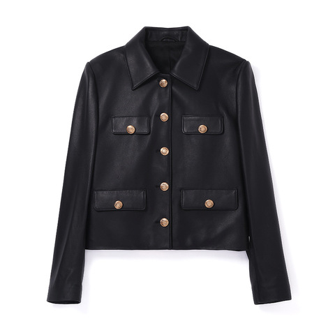 3134-1 Casual Versatile Black Sheepskin Lapel Long-sleeved Leather Coat with Small Golden Buttons for Women
