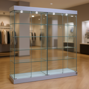 Vitrine moderne en verre de 185 cm de large et 190 cm de haut, cadre gris clair avec 4 éclairages halogènes et portes verrouillables - Product Image 3
