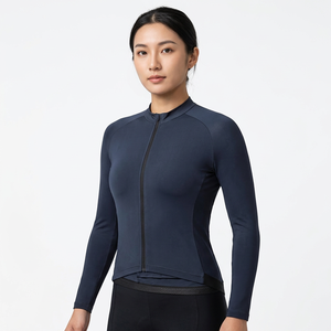 Women's <b>Long</b> <b>Sleeve</b> <b>Cycling</b> <b>Jersey</b> Dark Blue Full Zipper Stretch Fit Bike Top - Product Image 4