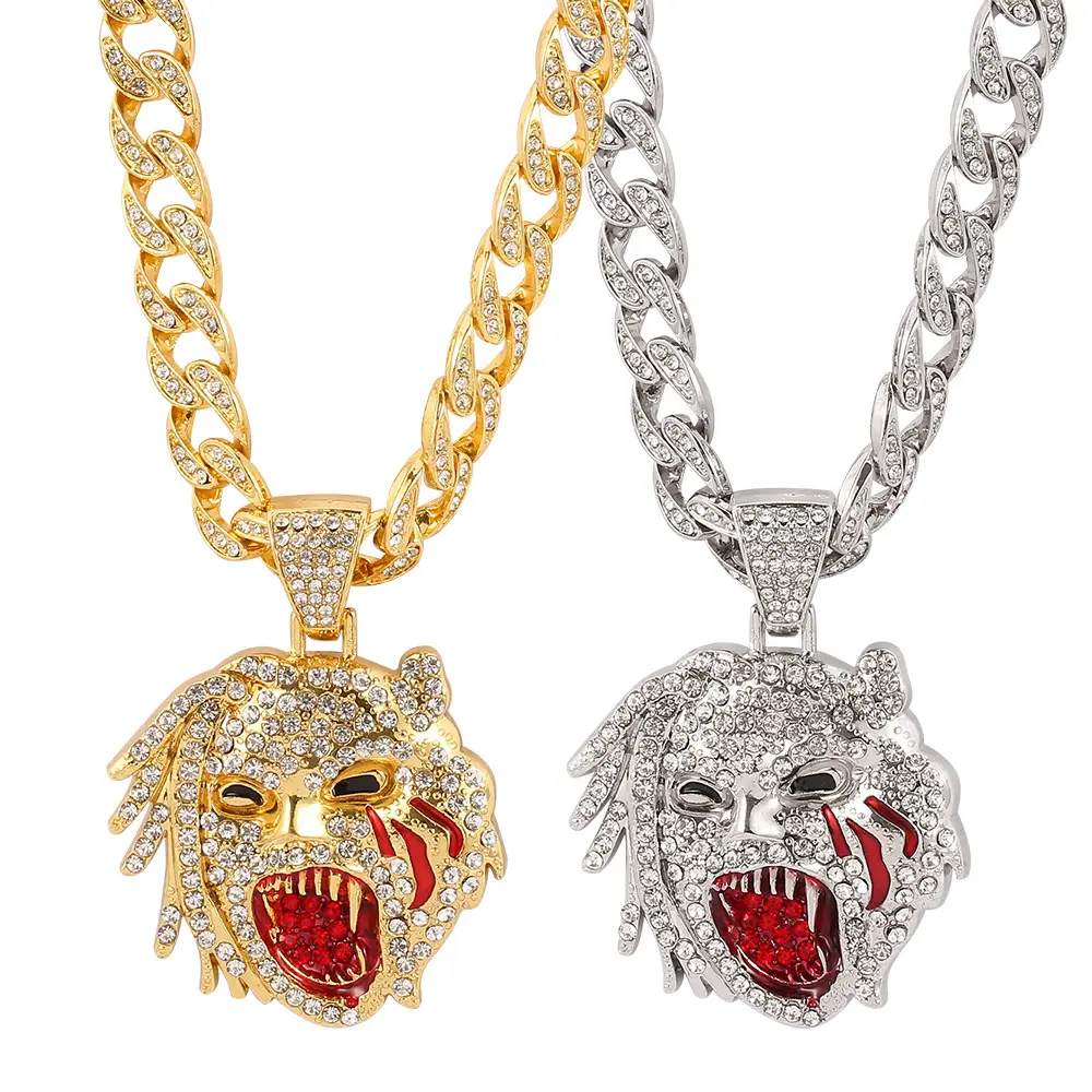 Yellow Italian Miami Mens hiphop 18k Gold Plated Mossanite Hip Hop Cuban Link Iced Out lion Chain Jewelry With Pendant mens