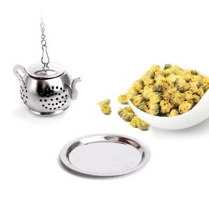 Infuseur à thé réutilisable en acier inoxydable Syh1354 en forme de théière avec chaîne à mailles fines, crochet et plateau anti-goutte pour les amateurs d'ustensiles de cuisine - Product Image 3