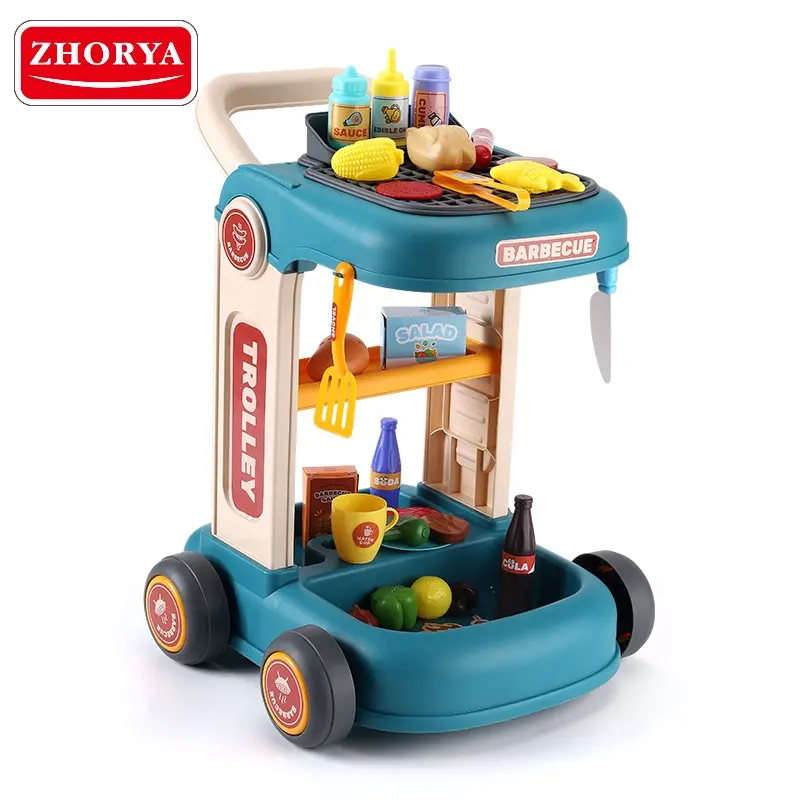 Zhorya Pretend House Play Kitchen Toys Plastic 43pcs Cute Trolley Barbecue Cooking Set Food Game For Kids