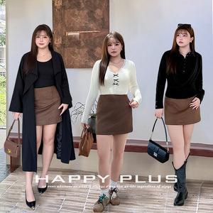 กระโปรงมินิทรงเอเอวสูงผ้าหนังกลับสีน้ำตาลสีทึบขนาดพลัสไซส์ N9400 กระโปรงผู้หญิง - Product Image 4