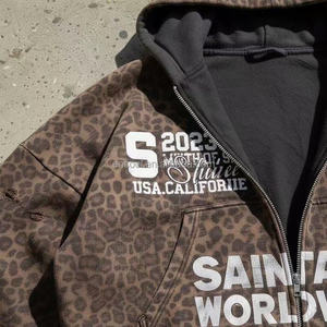 Felpa con Cappuccio e Zip Stampa Leopardata Effetto Invecchiato, Streetwear Personalizzato, Felpa Pesante in Cotone <span class=keywords><strong>da</strong></span> Uomo, Moda Vintage Primaverile Eco-Friendly - Product Image 2