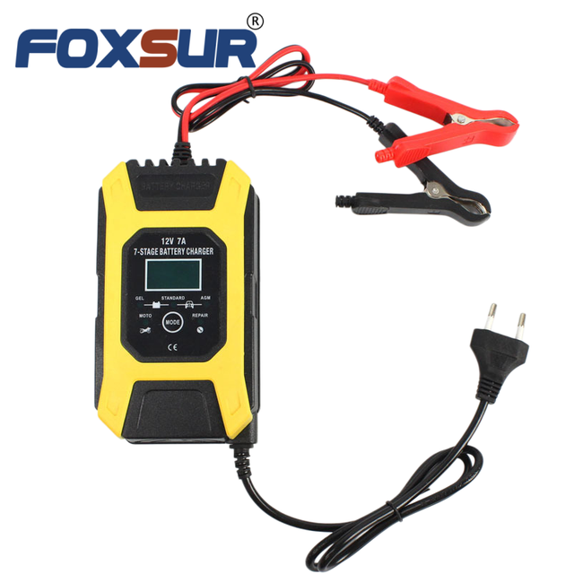 FOXSUR FBC1207D 12V 7A 7-stage Battery Maintainer Desulfator Charger Lead GEL STD AGM Car Motorcycle Pulse Repair Charger