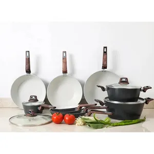 Non Stick Marble Vertical Grain Cooper Aluminum Forged Cookware Set Casserole Fry Panwith Granite Coating