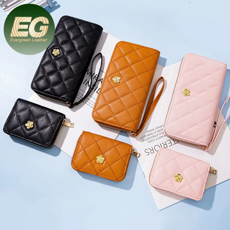 EA197 quilted long wallets women zipper pu purse money clip female travel ladies wholesale leather custom card holder wallet