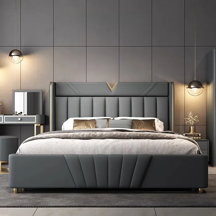 مجموعة سرير فاخرة مضيئة بلون ذهبي سرير لغرفة المعيشة بجودة عالية أثاث منزلي لغرفة النوم من الخشب والجلد الطبيعي العصري