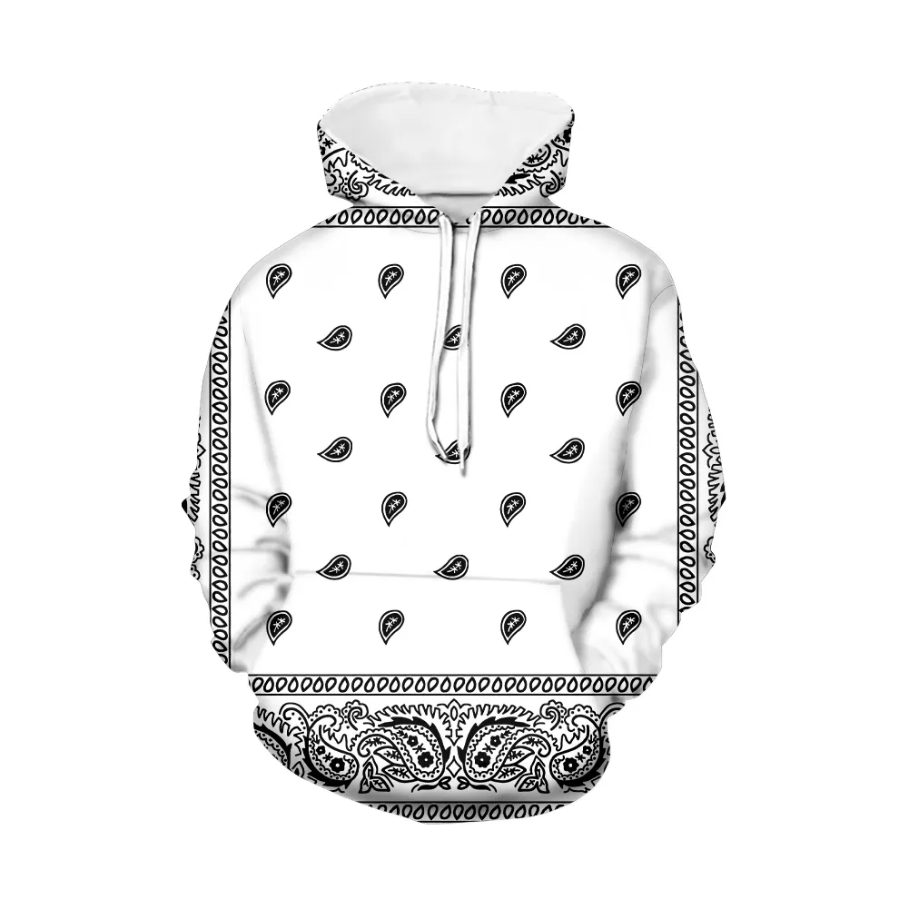 Nieuwste Wit Trekkoord Trui Met Zwarte Bandana Print Casual Persoonlijkheid Big Size Hoodie Mannen Winter Lange Mouw Sport Jumper