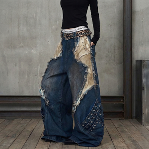 Jean baggy femme Y2K 2026, délavé, effet usé, patchwork, à lacets, coupe large, en denim, style vintage streetwear, design économique - Product Image 3