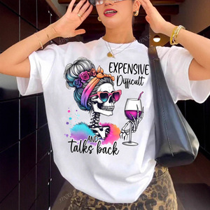 T-shirt da donna casual europea in poliestere stampato, estiva a maniche corte, con motivo divertente teschio e lettere, vestibilità ampia - Product Image 1