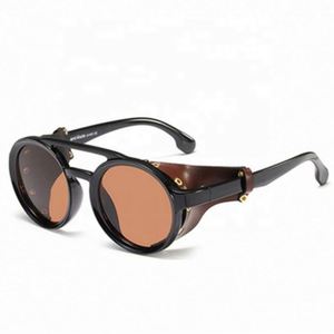 Gafas de Sol Redondas Vintage de Metal con Logotipo Personalizado al por Mayor 2021, Gafas de Sol Steampunk con Protección Lateral de Cuero y UV400 para Hombre - Product Image 5