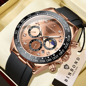 Montre chronographe sport à quartz de la marque Binbond 1727, bracelet en silicone, résistance à l'eau 30M, aiguilles lumineuses, montre pour homme, best-seller - Product Image 1