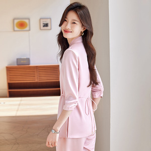 Pink Women's Suit Set Solid Color Satin Three Quarter Sleeve Casual Office Wear Breathable No Wrinkle Treatment AYM988 - Product Image 4