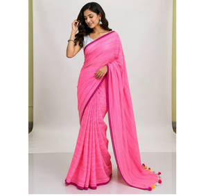 Sari de Algodón Mul Rosa Premium para Mujer, Tejido Elegante a Rayas, Tela Suave y Transpirable, Prenda Étnica Tradicional India - Product Image 3
