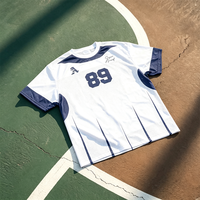 Jersey Sepak Bola Pria Nomor 89 Cetak Dua Sisi Warna Putih Navy Blok Warna Panel Jala Lengan Pendek Vintage Sporty Streetwear Tee