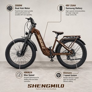 Vélo de montagne à double moteur 2000W, 48V 25AH, 26x3.0, vélo électrique haute vitesse S700PRO SHENGMILO, double moteur puissant 2000W (1000W à l'avant) - Product Image 6