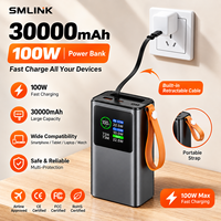 Batterie externe 30000mAh, chargeur rapide haute puissance 100W avec câble de charge rétractable pour ordinateur portable, smartphone, montre connectée, OEM ODM