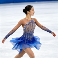 Robe de patinage artistique bleu royal dégradé pour performance scénique, dos ouvert en maille, strass, jupe asymétrique pour filles et enfants