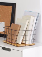 Panier de rangement en fil métallique avec base en bois, bac organisateur en maille métallique pour bureau, cuisine, salle de bain, rangement domestique