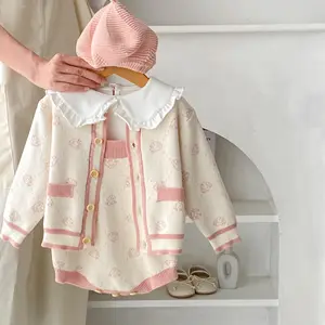 Baby 0-2t Baby Girl New Knitted Cardigan Long-sleeved Top Toddler Girl Sweaters Bear pattern knitted coat + Ha clothes 2 sets