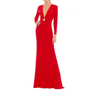 Oscar Dressed Deep V Neck Gather Ruched Plain Long Fitted Evening Dinner Gown Dresses