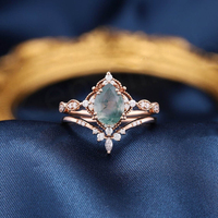Anillo de Compromiso Vintage Único con Halo de Circonitas y Flor de Ágata Verde Musgo, Chapado en Oro Rosa 925, con Gema para Fiesta