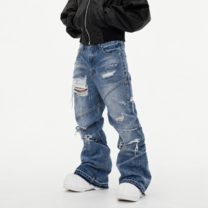 DiZNEW <span class=keywords><strong>Jeans</strong></span> da Uomo Personalizzati Streetwear, <span class=keywords><strong>Jeans</strong></span> Destrutturati con Pannelli, Estremamente Strappati, Gamba Larga e Vestibilità Comoda - Product Image 2