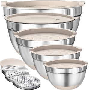 Set di 6 Ciotole per Insalata in Acciaio Inox Color Kaki, Ciotola per Mescolare Uova con Coperchio Anti-Schizzi, Bacinella per Lavare Verdure - Product Image 1