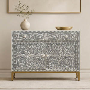 Light Gray Solid Wood Bone Inlay Dining Sideboard <b>Buffet</b> <b>Cabinet</b> 2 Drawers 4 Door Living Room Console Storage Furniture - Product Image 1