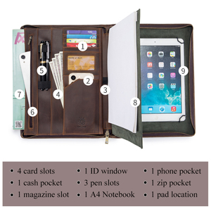 SCHLATUM cuero genuino A4 con cremallera cartera organizador Padfolio Business Reanudar Legal Pad Notebook Binder Folio Folder - Product Image 4