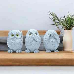 Handcrafted three wise owl figurines set minimalist <b>stone</b> look sculpture decorative accent for modern shelf desk and home decor - Product Image 5