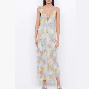 Vestido de Noche Largo de Gasa con Estampado Floral y Hombros Descubiertos, Cintura Imperio, Cremallera Frontal, Translúcido, Vestido de Moda para Mujer - Product Image 1