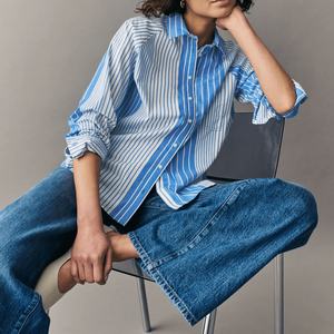 Chemisiers et chemises personnalisés avec logo OEM pour femmes, décontractés, à rayures unies, col rabattu, manches longues, en coton, chemise OOTD pour femmes - Product Image 1