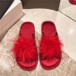 QuiteS New Arrival Summer Home <strong>Slippers</strong> <strong>with</strong> FUR <strong>Feather</strong> Bridesmaids Brides Slip-Ons Soft Non-Slip Red Flat <strong>Slippers</strong> for Wedding - Product Image 6