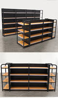 Étagère de supermarché simple face en acier et bois, panneau arrière perforé noir, présentoir à effet bois