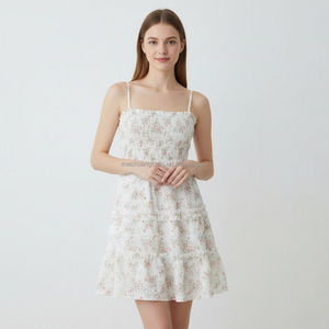 Vestidos Mini con Volantes y Corsé Fruncido Floral Personalizado para Mujer, Vestido <span class=keywords><strong>de</strong></span> Seersucker para Damas - Product Image 1