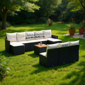 ชุดโซฟาสวนหวายสีดำทันสมัย พร้อมเบาะสีครีม เฟอร์นิเจอร์กลางแจ้งกันน้ำ วัสดุหวาย PE ดีไซน์ร่วมสมัย - Product Image 2