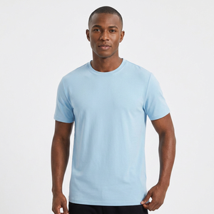Camiseta de Algodón Azul Claro para Hombre, Manga Corta, Cuello Redondo, Corte Regular, Informal, Lisa, Teñida, Transpirable, de Color Sólido - Product Image 1