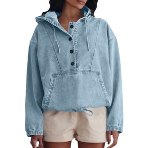 Sudadera con Capucha de Estilo Denim para Mujer, Tejida, ODM, con Logotipo Frontal, Ropa Urbana Cómoda para Primavera, Otoño e Invierno - Product Image 1