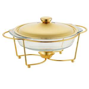 Olla Buffet Redonda de Vidrio Resistente al Calor con Tapa, Calentamiento con Alcohol, Olla Buffet Dorada, Estufa Buffet de Temperatura Constante - Product Image 2