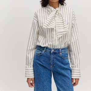 Blusa Larga de Algodón de Lujo de Alta Calidad, 19 Momme, Cuello Mao, Estilo Vintage, Diseño a Rayas, Personalizada 100% - Product Image 1