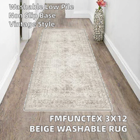 3x12 Polyester Tufted Runner Rug Beige Washable Vintage Retro Distressed Non-Slip Low Pile Soft for Kitchen Living