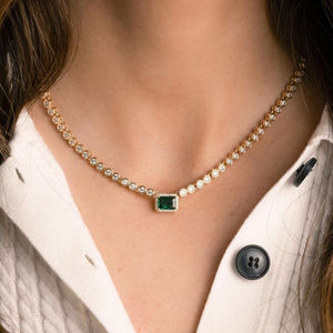 Green Emerald or White Round Cut Moissanite Diamond Tennis Necklace 925 Sterling <b>Silver</b> Gold Plated <b>Choker</b> Engagement Gift - Product Image 5